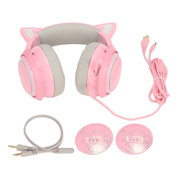 Rupoun Gaming Headset Cat Ear Over-Ear Headphone with Omnidirectional Microphone, 50mm Driver, Immersive Sound Effect, Ergonomic Design for Kids and Adults, Pink (10.24 inches / 26 cm)