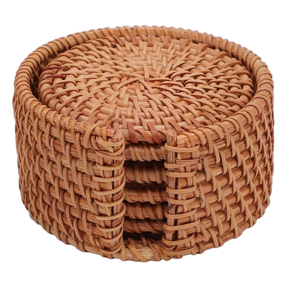 Rupoun Handwoven Rattan Coaster Set of 6 with Holder  8cm HeatProof Cup & Plate Base, EcoFriendly Table Mat