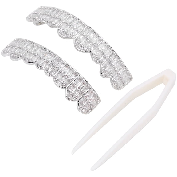 Rupoun Hip Hop Teeth Grills Set Silver Plated Iced Out Teeth Decoration for Men Women 3.54 inches / 9 cm