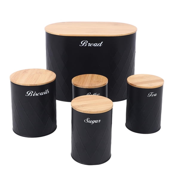 Rupoun Iron Bread Box & Canister Set  4Piece Kitchen Storage with Wood Lids, Biscuit, Sugar, Tea & Coffee Tins