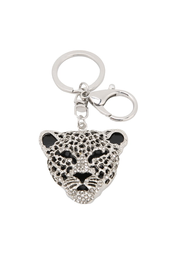 Keychain Exquisite Rhinestone Encrusted Leopard Head Bag Pendant Car Decor Girl Birthday Gift (Silver) 3.15 inches / 8 cm