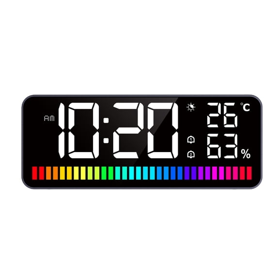 Rupoun LED Alarm Clock with Rhythm Light Bar Digital Night Light Clock Dual Alarm 15 RGB Modes Adjustable Brightness Temperature & Humidity Large Display Black 168x76x36mm / 6.61x2.99x1.41in