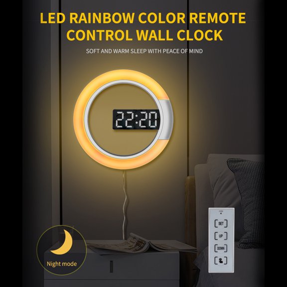Rupoun LED Mirror Hollow Wall Clock with Remote Control, Round Digital Alarm Clock, 7 Colors Nightlight, Adjustable Brightness, 12/24H Mode, Temperature Display, 12 inches / 30.5 cm, White