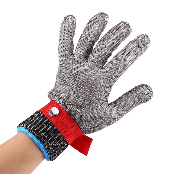 Rupoun Level 5 Stainless Steel SS304 Mesh Cut Resistant Glove Safety Work Butcher Protection Tool with Red Buckle, L, 1 Count