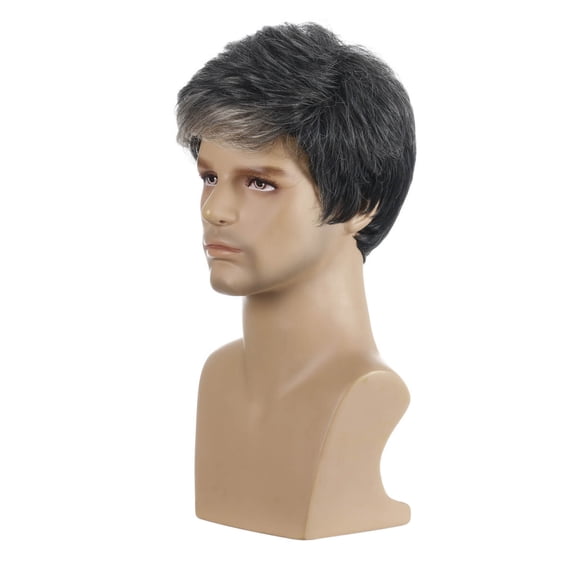 Rupoun Men's Fluffy Short Hair Wig High Temperature Fiber Natural Hairline Toupees Wave Texture Hairpieces for Men with High Hairline or Thin Hair 8.7 inches / 22 cm Black