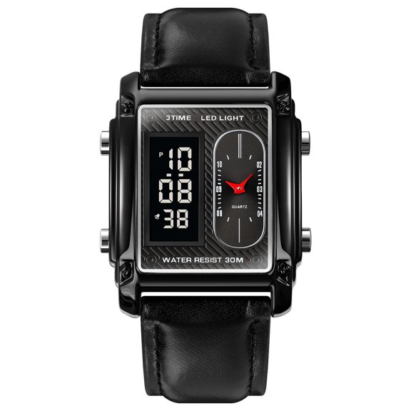 Rupoun Men's Multifunctional Luminous Digital Quartz Watch with Leather Band, 1.92 inches / 4.9 cm Black Dial, 30M Water Resistant