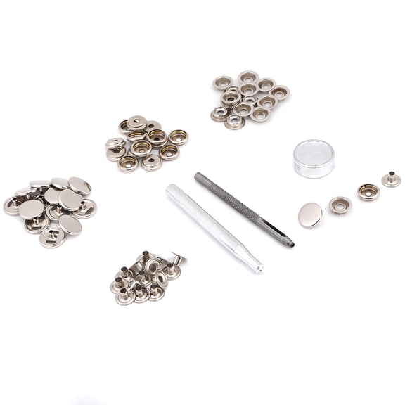 Rupoun Metal Press Stud Snap Button Fastener for Leather Clothes Jacket Repair (Silver, 15 Sets & 3pcs Tool, 15mm / 0.59 inches, Eco-friendly Brass Crafting)