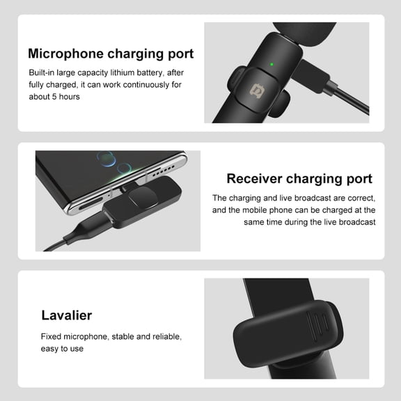 Rupoun Mini Wireless Lavalier Microphone System 2.4G Clip-on Mic for Type-C Android Smartphones Tablets Vlog Interview Live Streaming, 65ft Range (Black)