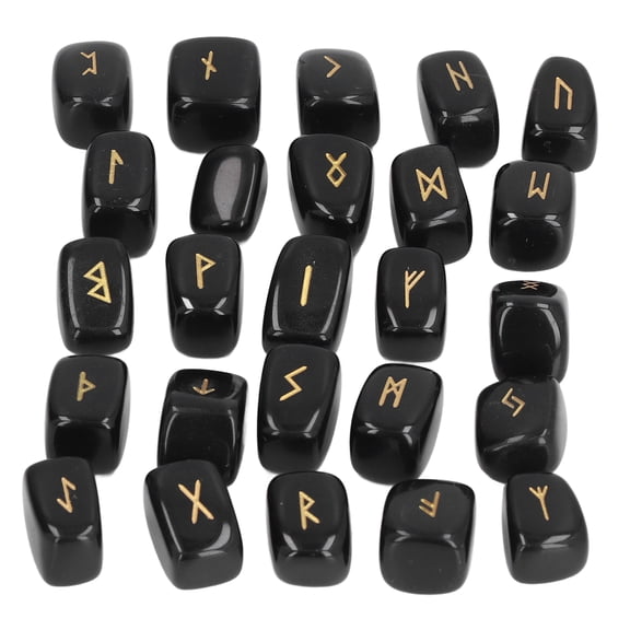 Rupoun Obsidian Rune Stones Set Ancient Witchcraft Runes Fine Workmanship Stylish Appearance for Meditation Divination and Home Decor, 25 Pieces Engraved Crystal Stones with Tips Included