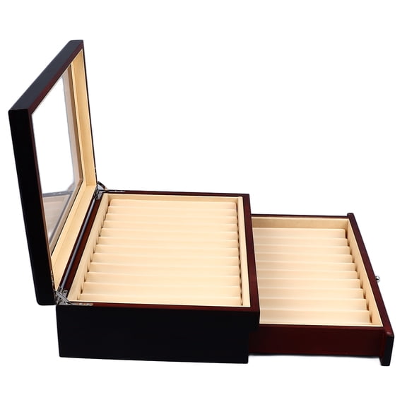 Rupoun Pen Display Box 23 Slot Double Layer Transparent Top Wooden Fountain Pen Collection Organizer Case With Clear Display Window For Anniversaries Wedding And Office Desktop Storage Black
