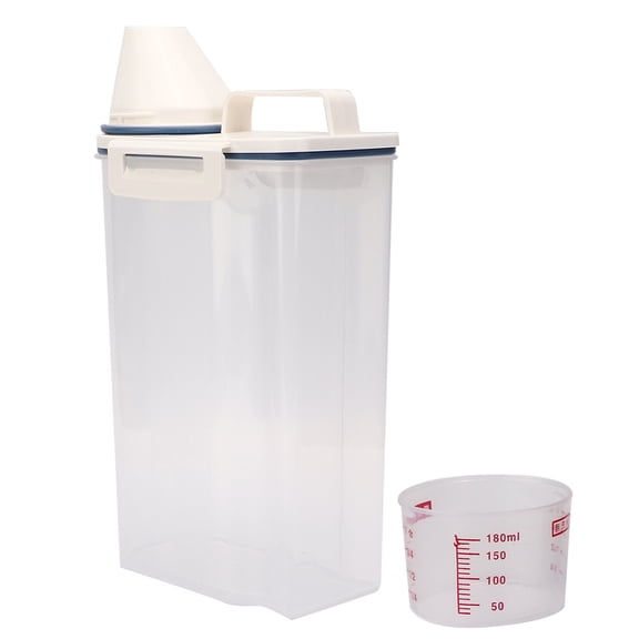 Rupoun Pet Food Container Sealed Bucket Moistureproof Storage Box with Measuring Cup for Dog Cat, 4.4 lbs / 2 kg Capacity, Durable Plastic Dispenser, Clear