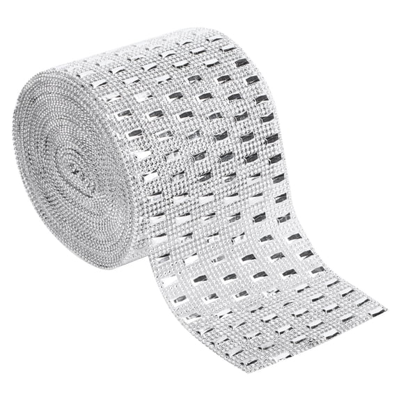 Rupoun Plastic Imitation Diamonds Hollow Mesh Rhinestones Ribbon Wrap for Wedding Decor, DIY Clothing, Crafting, and Festive Celebrations, 1 Yard Length (4.7 inches / 12 cm Width), Silver Color