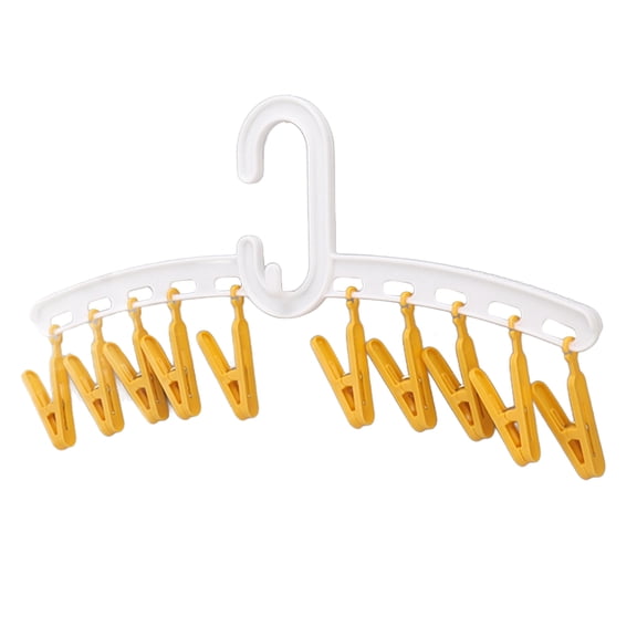 Rupoun Plastic Sock Clips Drying Rack Straight Rod with 10 Multi-Head Clips for Travel Clothes Portable Laundry Space Saver, White and Yellow, 16.14 inches / 41 cm