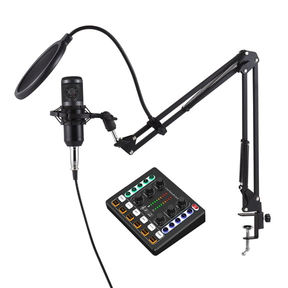 Rupoun Podcast Equipment Bundle Condenser Microphone Kit with Live Sound Card Adjustable Arm Stand Voice Changer for Streaming Gaming Recording Singing Online Chatting PC Smartphone Black