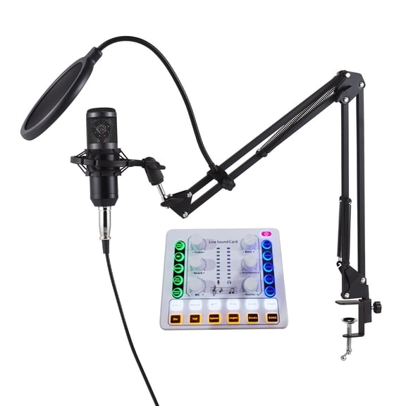 Rupoun Podcast Equipment Bundle Condenser Microphone Kit with Live Sound Card Adjustable Arm Stand Voice Changer for Streaming Gaming Recording Singing Online Chatting PC Smartphone White