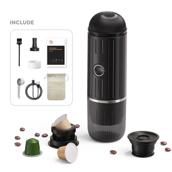 Rupoun Portable Espresso Machine 19 Bar 100W Wireless Heating Travel Coffee Maker for NS Capsules & Ground Coffee Black Type-C Rechargeable 80ml Ideal for Camping Office Home