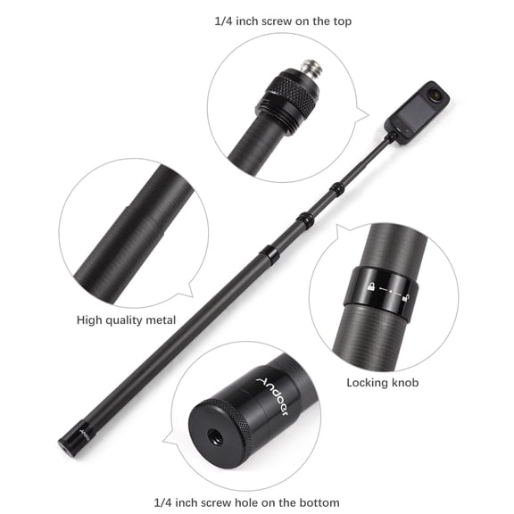 Rupoun Portable Telescoping Selfie Stick 82.6 Inches / 210 cm Carbon Fiber Extension Pole Stand with 1/4 Inch Screw Compatible with INSTA360 X2 X3 Action Cameras and Smartphones Black