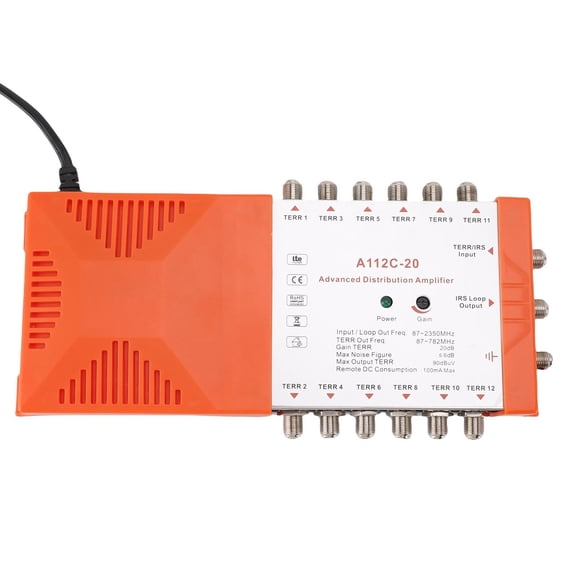 Rupoun Premium 12 Channel Distribution Amplifier and IRS Loop Cascading Splitter for Home TV CATV Signal Booster Systems Built-in 4G LTE Filter Protection EU Plug 200V-240V Power Range Design