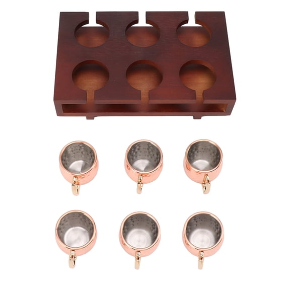 Rupoun Premium 6Pcs 2oz / 59ml Mule Drink Mug Set with Wooden Holder, Robust Decorative Cocktail Hammer Point Cup Kit for Bar Restaurant Home Party Serving, Stainless Steel Shot Glasses