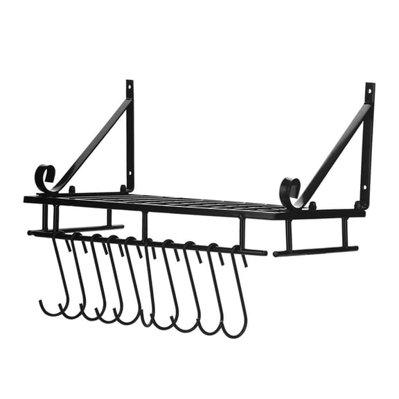 Rupoun Premium Iron Metal Hanging Pan Pot Rack Wall Mounted with 10 Hook Holders Kitchen Storage Organizer and Utensil Hanger Space Saving Shelf for Cookware and Bakeware Home Storage