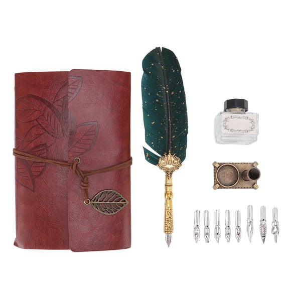 Rupoun Quill Pen Notebook Set Classic Loose Leaf Paper Feather Pen Gift Box with 8 Replaceable Nibs Vintage Stationery 11.4 inches / 29 cm Green Dots