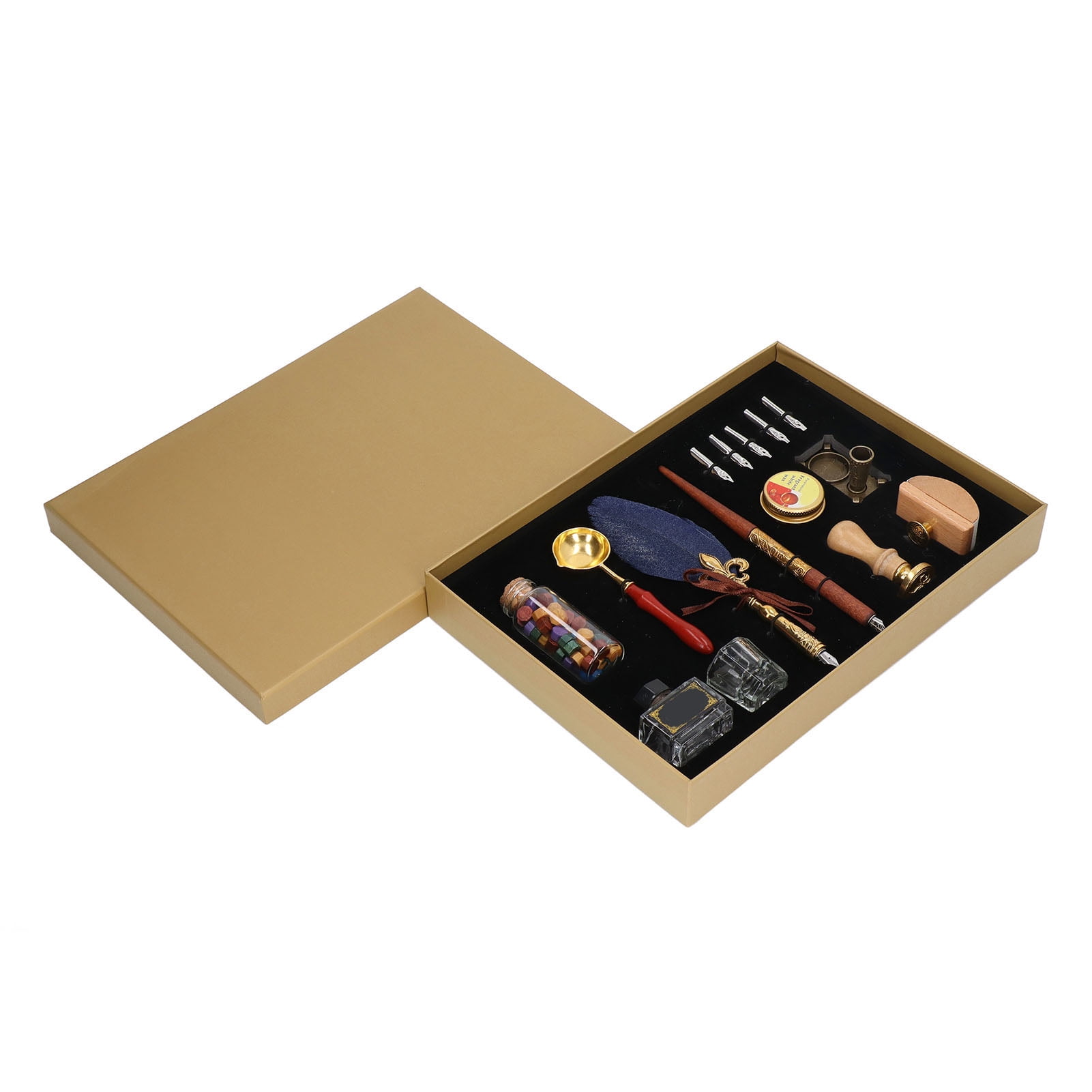Rupoun Quill Pen and Ink Set Vintage Elegant Glossy Writing Feather Pen Wax Seal Stamp Set Dark Blue (11.81 inches / 30 cm)