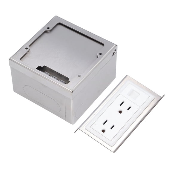 Rupoun Recessed Floor Outlet 2 x 15A 3 Prong Sockets 1 x Computer Hole Socket Stainless Steel PC Flame Retardant Receptacle Box, Silver, 5.51 inches / 14 cm