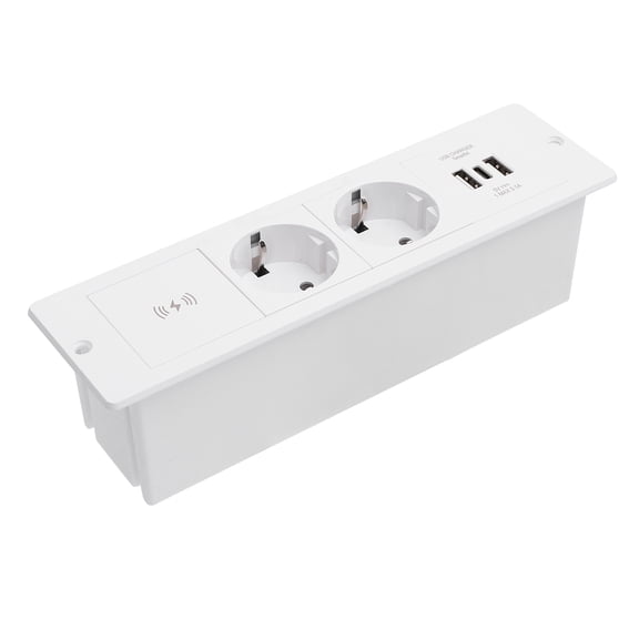 Rupoun Recessed Power Strip with Wireless Charger USB C Ports 4-in-1 Flush Mount Desktop Outlet European 220V Plug Hidden Table Socket for Office Desk Conference Room Furniture Black