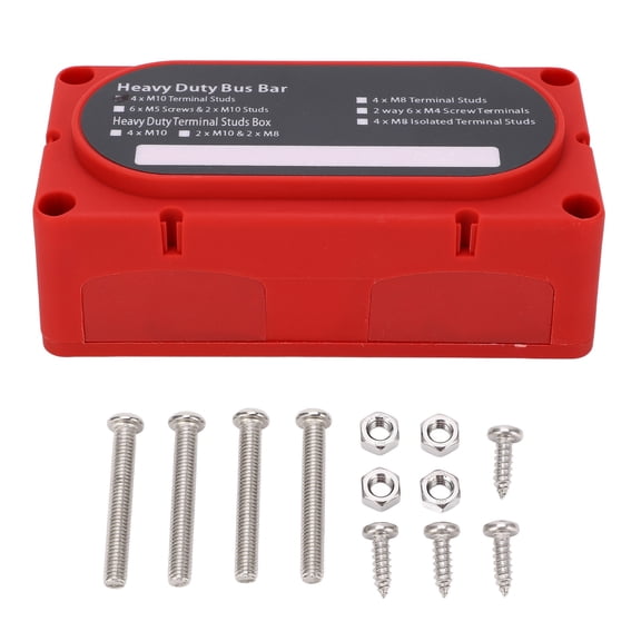 Rupoun Red Heavy-Duty DC 48V 300A Power Distribution Block M10x4 Terminal Dual Row Bus Bar Barrier Strip for 12-48V Cars, Trucks, RVs, and Marine (7.48 inches / 19 cm)