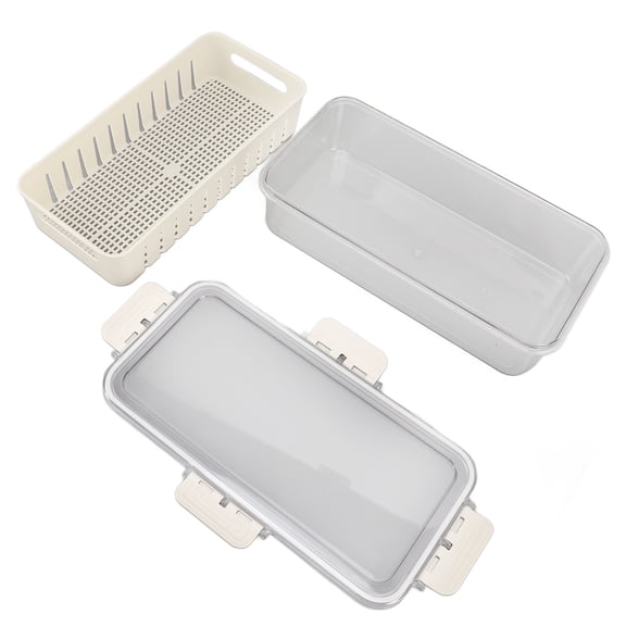 Rupoun Refrigerator Fresh Food Storage Containers, 12.2 in / 31 cm Clear PET Fridge Airtight Crisper Box with Drainer Basket for Fruits and Vegetables, Rectangular Kitchen Organizer