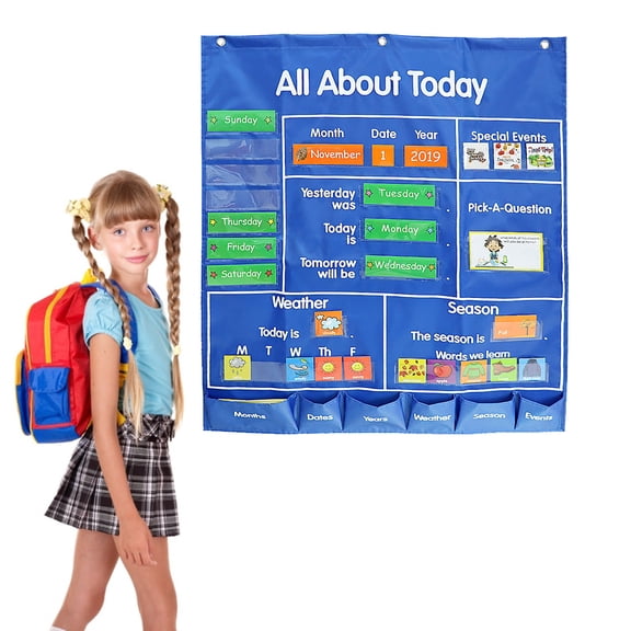 Rupoun School Classroom Pocket Chart Calendar Weather Activity Center with Date Month Year Week Season Event Cards for Early Education Learning Resource Teaching Tool