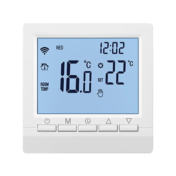 Rupoun Smart Boiler Thermostat Battery Operated Wired Controller LCD Digital Screen White Backlit Touch Button Wall Mounted 5+2 Programmable Child Lock