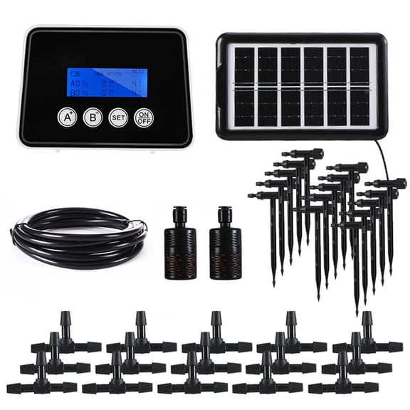 Rupoun Smart Solar Powered Drip Irrigation Controller System Automatic Timer Adjustable Watering Device for Garden Balcony Potted Plants 32.8 ft 10m Hose 15 Arrows
