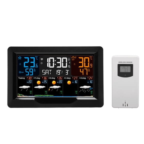 Rupoun Smart Weather Clock WiFi Wireless Digital Weather Station with Indoor Outdoor Thermometer Humidity Barometric Pressure Wind Speed Frost Alarm Large VA Color Display US Plug 10.0x6.7x2.8 Inches