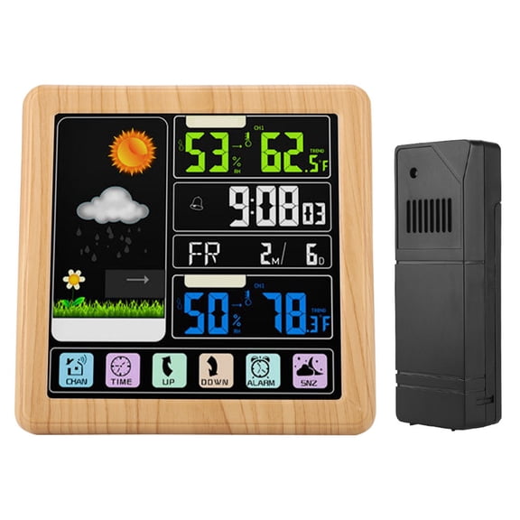 Rupoun TS-3310 Full Touch Screen Wireless Weather Station Clock, Multifunction Indoor Outdoor Thermometer Hygrometer, Wood Grain (9.84 inches / 25 cm)