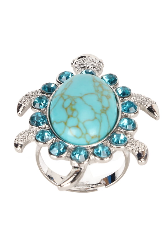 Turquoise Rhinestone Ring Women Silvertone Alloy Adjustable Fashionable Cute Tortoise Shaped Statement Ring Jewelry Accessory ZT1492 11.00 inches / 27.9 cm