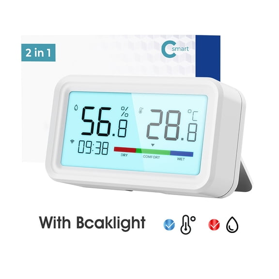 Rupoun Tuya WiFi BT Dual-Mode Temperature Humidity Tester LCD Backlight Display Mobilephone APP Remotely Control White 1.61 in / 4.09 cm