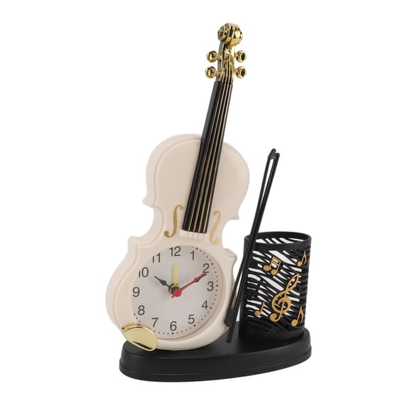 Rupoun Violin Alarm Clock Retro Fashion Pencil Sharpener Function Table Bedside Clock For Music Lovers Students Desk Decor Novelty Timepiece Classic White Finish 8.86 inches / 22.5 cm