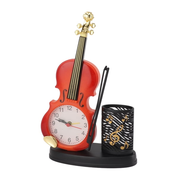 Rupoun Violin Alarm Clock Retro Fashion Pencil Sharpener Function Table Bedside Clock For Music Lovers Students Desk Decor Novelty Timepiece Elegant Brown Finish 8.86 inches / 22.5 cm