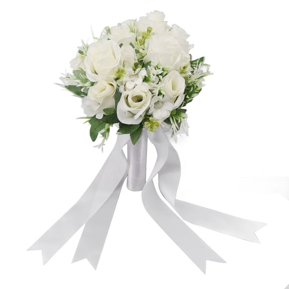 Rupoun Wedding Bouquets Flower Hand Bouquet Silk Artificial Fake Flowers for Bride Wedding Party and Church White Decoration 12.2 inches / 31 cm
