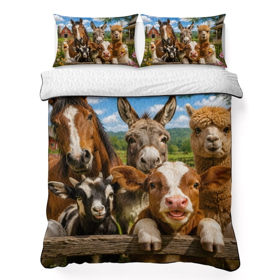 Rural Animal 3 Piece Quilt Bedding Set with 2 Pillow Shams, Horse Donkey Cow Alpaca Pig Duck Rustic Lightweight Bedspread Coverlet, Soft Breathable All Season Quilt, 96 x 106 Inch
