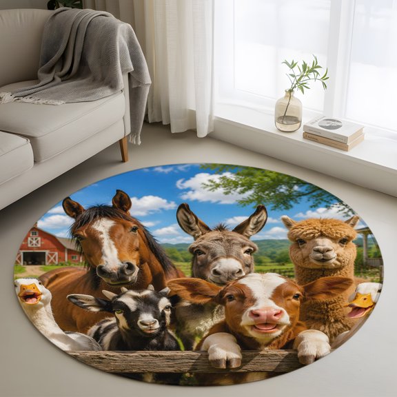 Rural Animal 3FT Round Area Rugs Horse Donkey Cow Alpaca Pig Duck Rustic Soft Small Round Rug Non-Slip, Ultra-Thin Circle Carpet for Bedroom Entryway Kitchen Bathroom