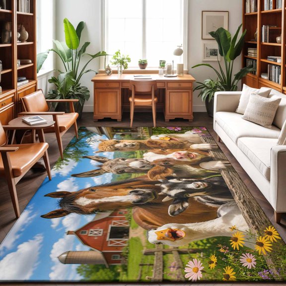 Rural Animal 4'x6' Rug for Dining Table for 4 People Under Table, Horse Donkey Cow Alpaca Pig Duck Rustic Washable Non Slip Rectangle Area Rug for Living Room