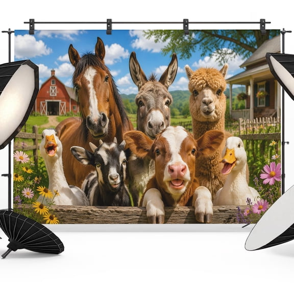 Rural Animal Pattern Backdrops for Photography, Horse Donkey Cow Alpaca Pig Duck Rustic Fabric Photo Background Sturdy Studio Props for Photo Studio, Video Recording, Booth & Photoshoot 7x5ft