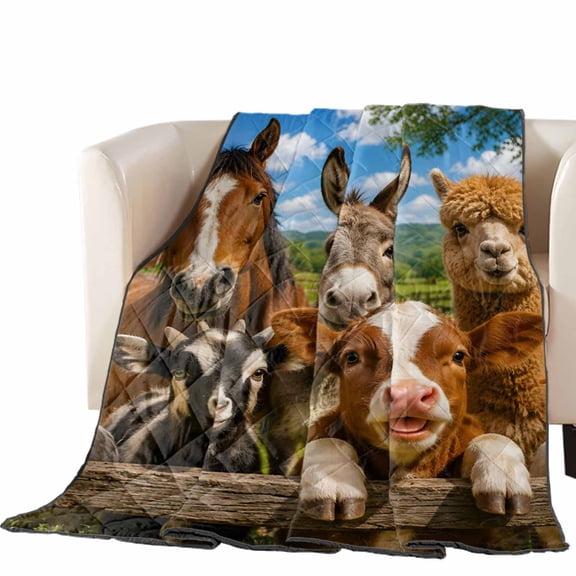 Rural Animal Quilted Comforters Cooling Blanket King Size, Horse Donkey Cow Alpaca Pig Duck Rustic Cold Comfort for Hot Sleepers Lightweight Air Conditioning Quilt Blanket for Bed