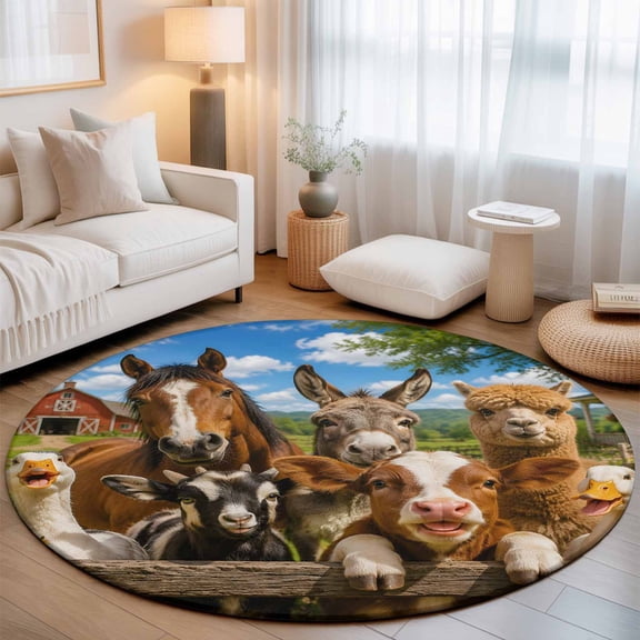 Rural Animal Round Area Rugs 3 ft, Horse Donkey Cow Alpaca Pig Duck Rustic Washable Small Area Rug with Non-Slip Sturdy Edge Binding Round Front Door Mat Floor Carpet for Entryway