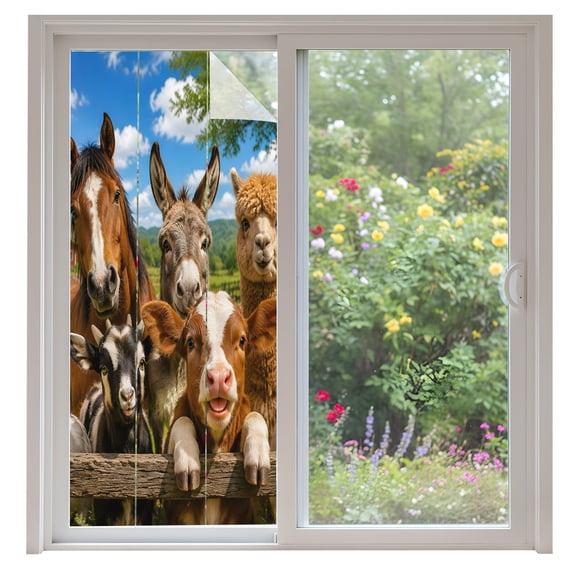 Rural Animal Window Privacy Film Horse Donkey Cow Alpaca Pig Duck Rustic Decorative Glass Window Film UV Blocking Static Cling Non-Adhesive Sticker Covering for Home Door 35.4x78.7 inches