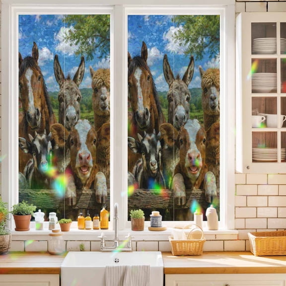Rural Animal Window Privacy Film Horse Donkey Cow Alpaca Pig Duck Rustic Static Cling Stained Glass Window Film Non-Adhesive Decorative Decals Rainbow Sticker 17.7"X39.3"