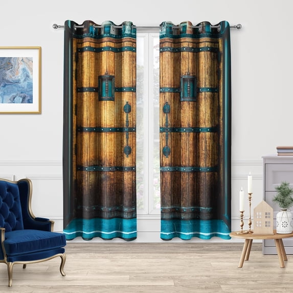 Rural Art Living Room Curtains, Retro Wooden Door Breathable Insulated Darkening Curtains For Boys Girls Teen Bedroom Playroom 29"W x 63"L (Pack of 2)