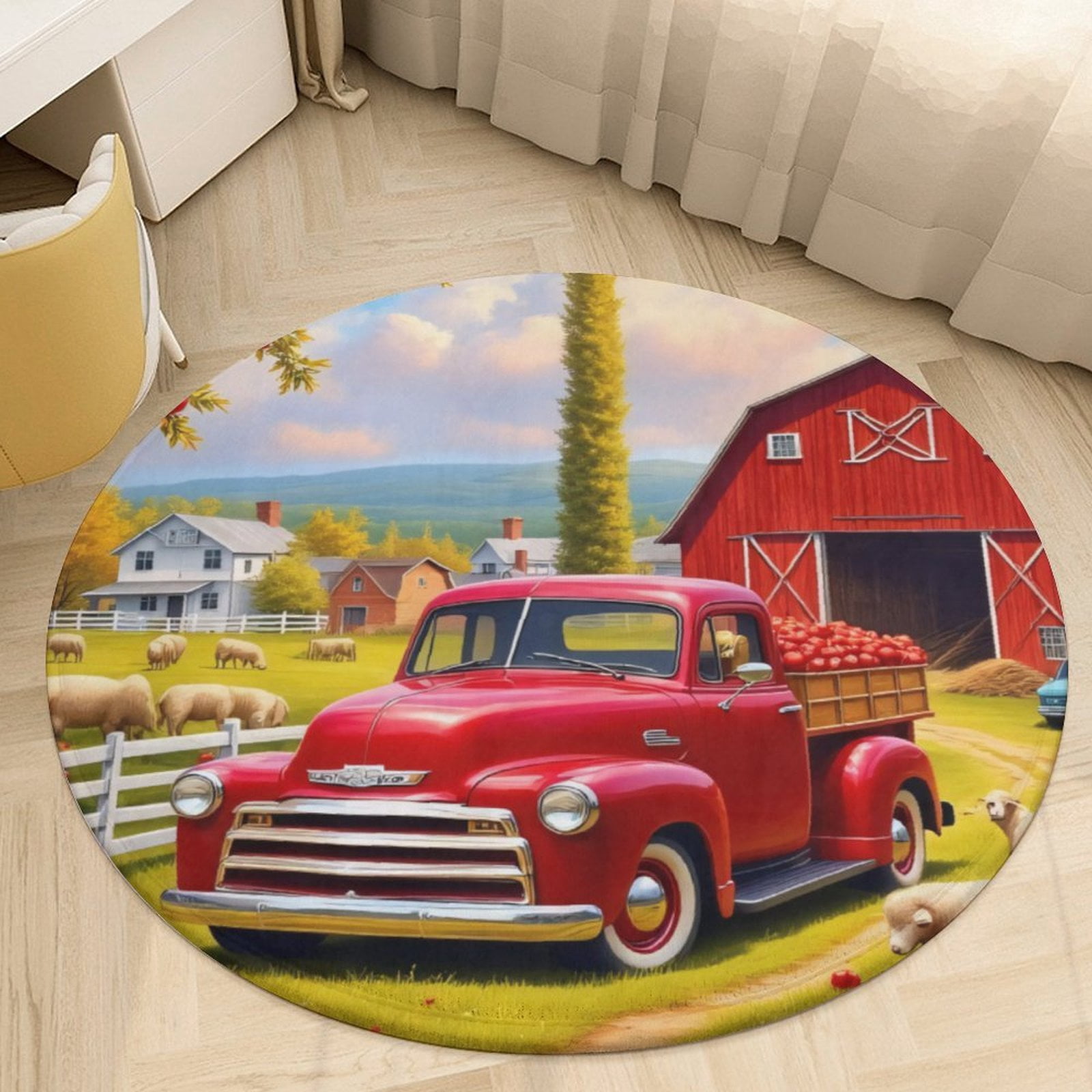 Farm Car Rug Rural Barn And Truck Scene Round Area Rugs for Bedroom Living Room, 6FT ...